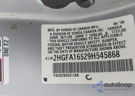 2009 Honda Civic Lx z USA, uszkodzony, nr VIN 2HGFA16529H545868